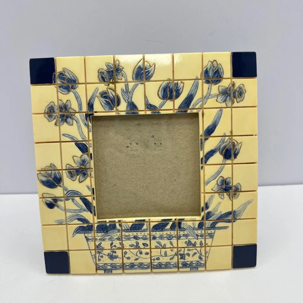 Vintage Mosaic Tile Frame 3.5x3.5 Cream Blue Chinoiserie Resin Floral Decor